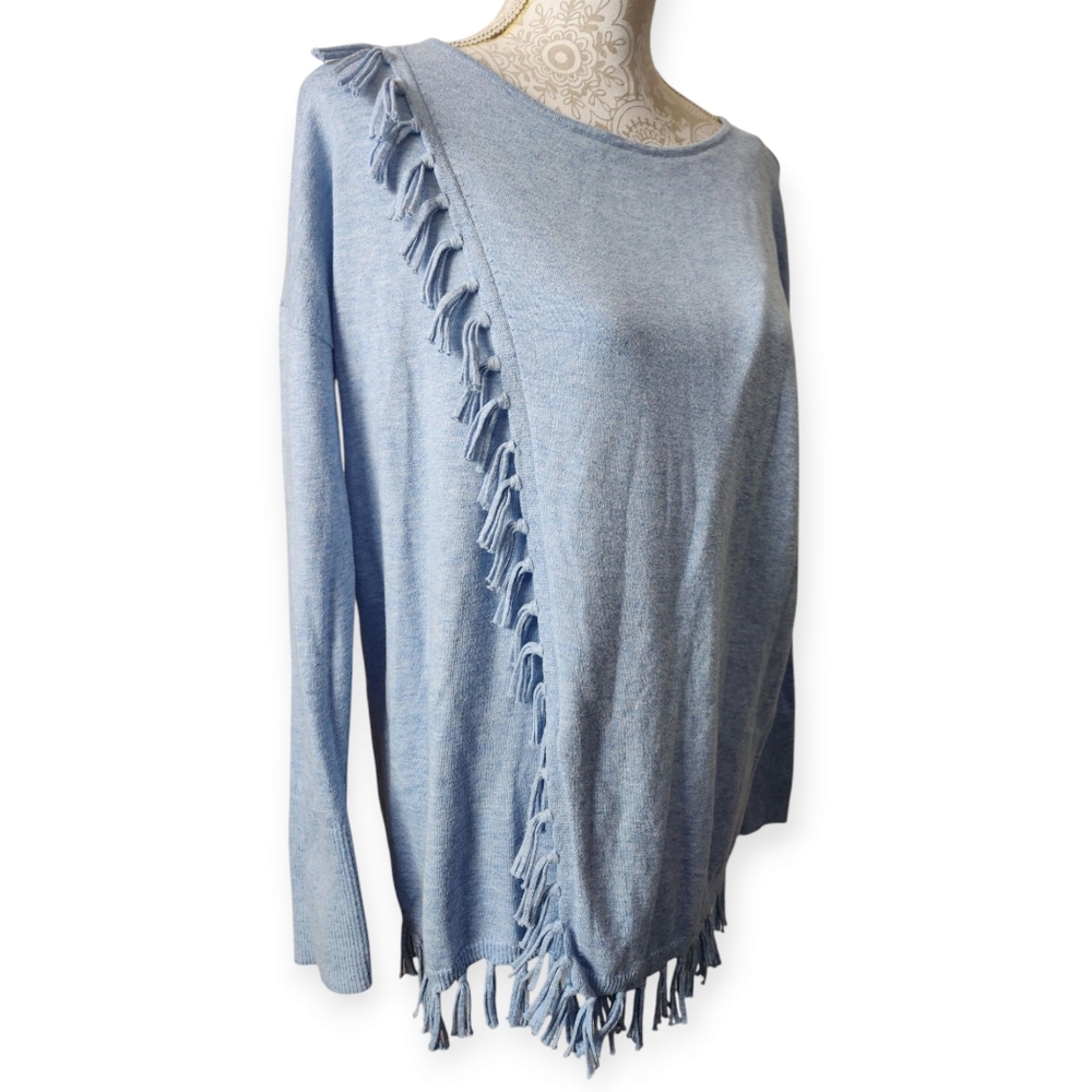 Lilly Pulitzer Emberly Ice Blue Fringe Knit Long Sleeve Cotton Sweater Medium